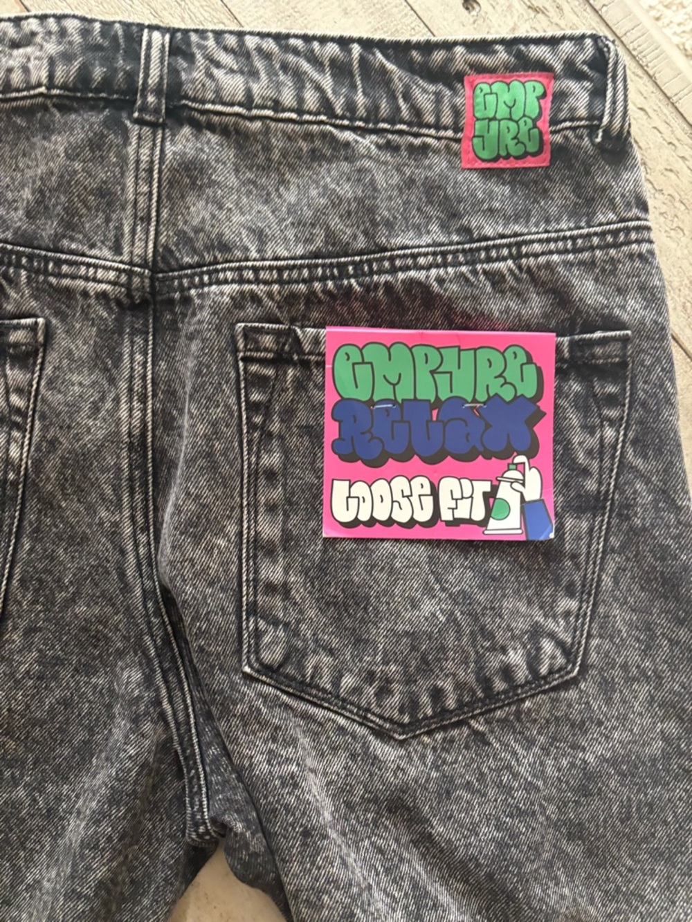 Empyre Washed Black Denim Shorts with Green Logo - Picture 6 of 7